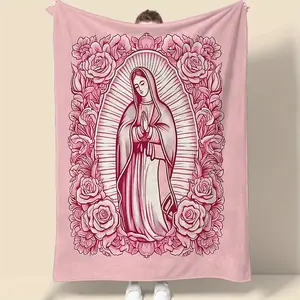 Cozy Pink Virgin Mary Floral Blanket - Super Soft Plush Velvet Throw for Sofa, Bed & Meditation - Perfect Religious Gift for Mom & Grandma