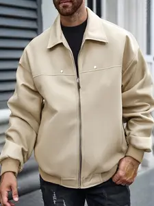 Men's Solid Color PU Leather Jacket, Loose Casual Comfy Long Sleeve Zip Up Outerwear for Daily Wear, Men's Clothing for All Seasons, Coats