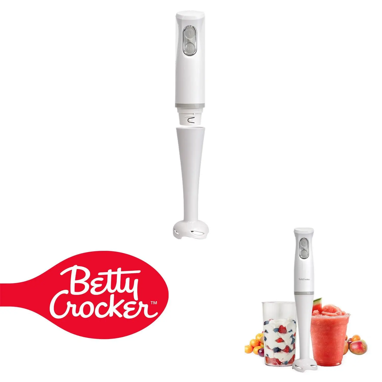 Betty Crocker 2-Speed Hand Blender with 20-Ounce Mixing Beaker, Immersion Blender, 300W Motor 450W Peak Power, Soft-Touch Pulse Control, Stainless Steel Blade, BPA Free, BC-4307W, White