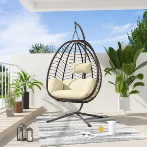 【Back to School Sale】DingdingO Egg Swing Chair with Stand, 350lbs Capacity Indoor Outdoor Wicker Rattan Hanging Chair with Grey Cushions - Ideal for Bedroom, Balcony, Garden or Swimming pool, Hanging Basket Chair, Hammock Chair