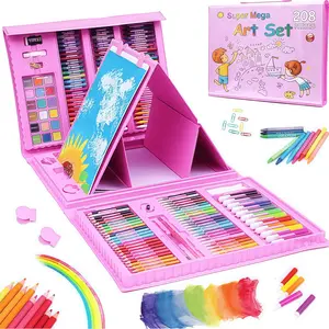 208 PCS Art Supplies, Drawing Art Kit for Kids Adults Art Set with Double Sided Trifold Easel, Oil Pastels, Crayons, Colored Pencils, Watercolor Pens Gift for Girls Boys Artist,  The Best Easter Gift, Pink