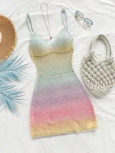 Women's Fashion One-Piece Sweater Dress, Spring Summer Rainbow Hollow Out Design, Sexy Vacation Beach Short Dress, Elegant Curve Fit, Slim