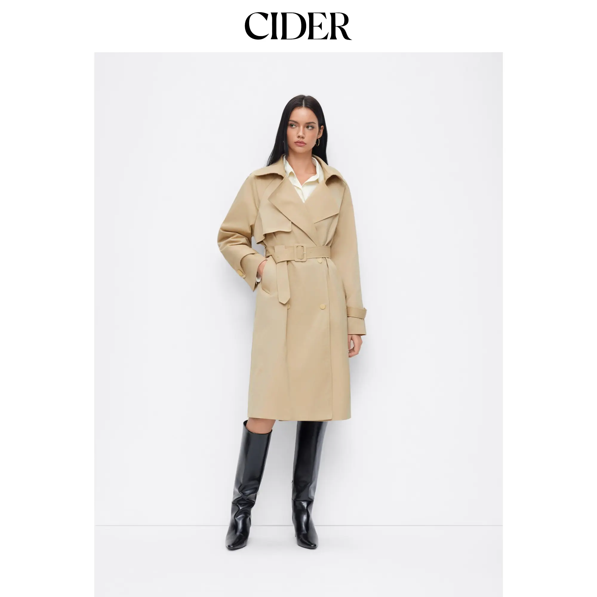 Cider Double Breasted Collar Oversized Trench Coat With Belt