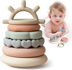 Premium Quality 7-Piece Stacking Ring Teether Set for Babies - Safe Food-Grade Silicone, BPA-Free, Breathable Design, Educational Learning Toy for Boys & Girls