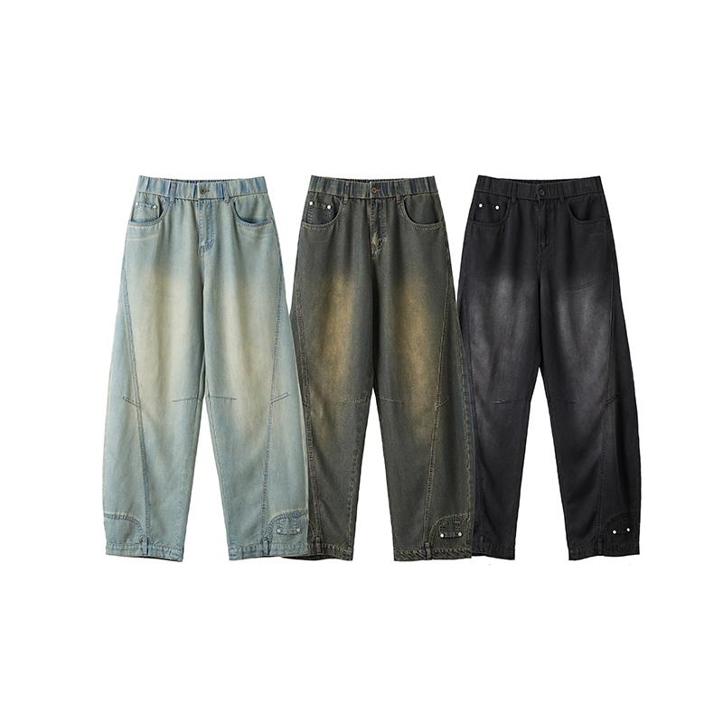 Men’s summer American vintage casual jeans, loose wide-leg curved cut, Lyocell fabric, comfortable fit