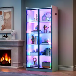 Dystler Display Cabinet with Glass Doors, 5-Tier Curio Cabinet with Motion Sensor RGB Lights, 65" Tall Glass Display Case with Adjustable Shelves for Collectibles, Figures, Books