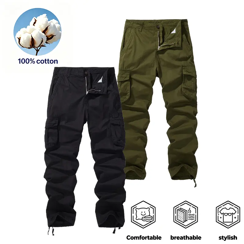 2 Pack Men's 100% Cotton Cargo Pants Multi Cargo Pockets Drawstring Ankle Cuffs Comfortable Breathable Work Outdoor Casual Pants