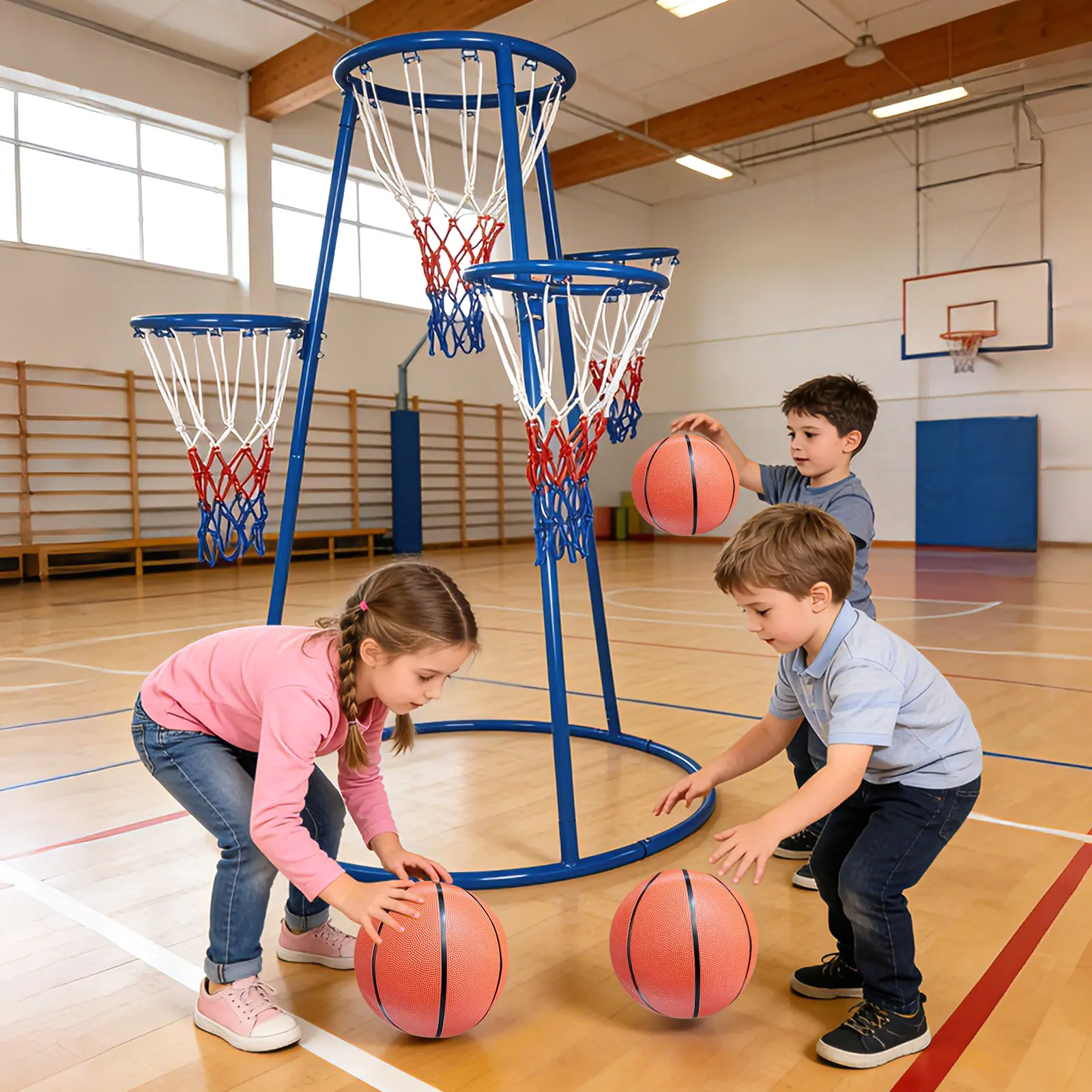 Multi-Hoop Kids Basketball Set for Toddlers (Ages 3-6) - Child-Safe 4-Hoop Design, Includes 2 Basketballs & Air Pump, Indoor/Outdoor Toddler Ball Sports Game