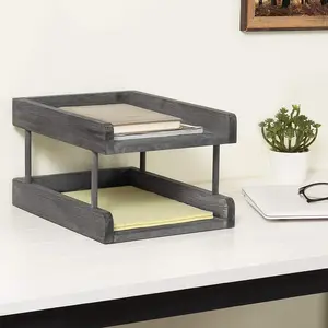 2-Tier Rustic Grey Wood Desktop Paper File Organizer Tray and Office Document Holder