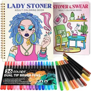 Stoner Coloring Book for Adults Relaxation - 2 pcs Cozy Weed Girl Moments Coloring Book for Women with Markers - Funny Stress Relief Self Care Gifts - Get Well Gifts After Cancer Surgery