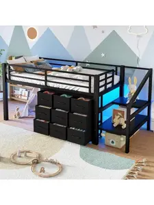 Twin Low Loft Bed with Multi-Storage Spaces, Including Fabric Drawers, Fabric Shelves Beside the Bed, Storage Stairs, Metal Loft Bed with Lights and Ample Under-Bed Spaces, White/Black