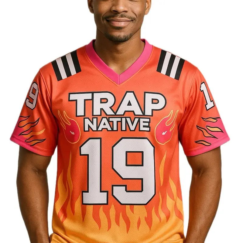 Trap Native Legacy Heatwave Heritage Jersey Vibrant Orange to Hot Pink Gradient  Lightweight Breathable V Neck Top with Bold Black Striping and Flaming Details