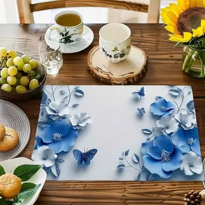 2D flat printing, 2-piece/4-piece/6-piece/8-piece set of blue embossed floral pattern placemats, fashionable home placemats, seasonal holiday decoration retro washable table mats