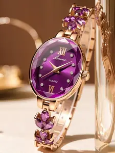 Elegant Quartz Women's Watch, Oval Dial with Diamond Roman Numerals, Rose Gold Bracelet Style, Casual All Season Wristwatch