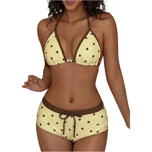Women's Polka Dots 2 Piece Swimsuit Triangle Halter Bikini Set Boyshorts Bathing Suit