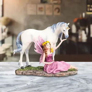9"W Fairy with Unicorn Statue Fantasy Decoration Figurine