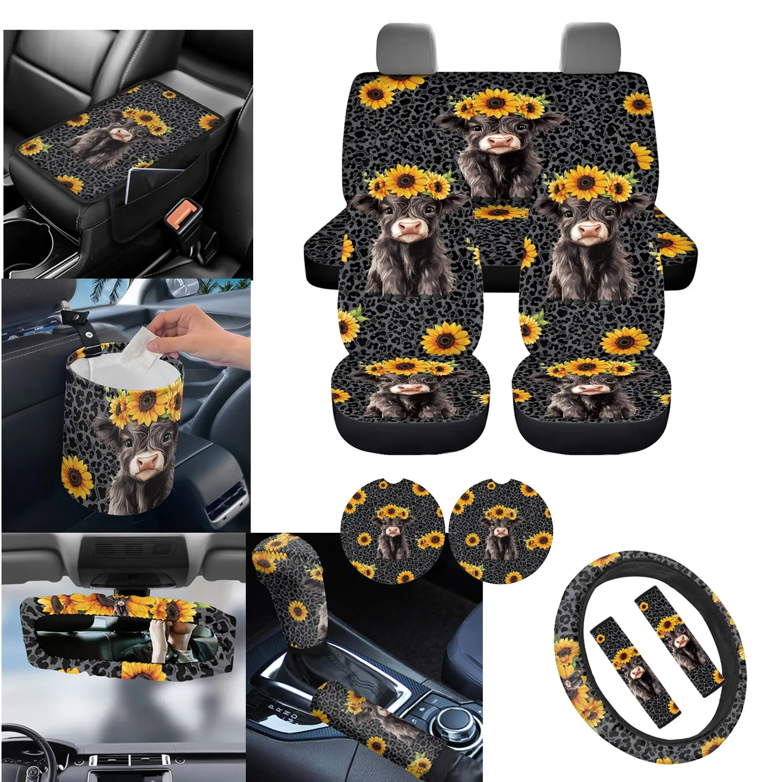 Highland Cow Full Set Car Seat Cover Pack - 15pcs Car Accessories Interior, Polyester Fits Universal Durable Stretch Non-Slip Set with Leopard Print Steering Wheel Cover, Seatbelt Pads, Keychain, Coasters, Garbage Bag, Mirror Decor, Gift for Women, Car De