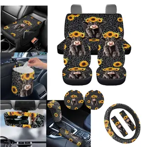 Highland Cow Car Seat Cover Set Full Set, 15pcs Leopard Print Steering Wheel Cover Seatbelt Pads Keychain Coasters Garbage Bag Mirror Decor,  Gift for Women Mom Universal Durable Stretch Non Slip Auto Accessories