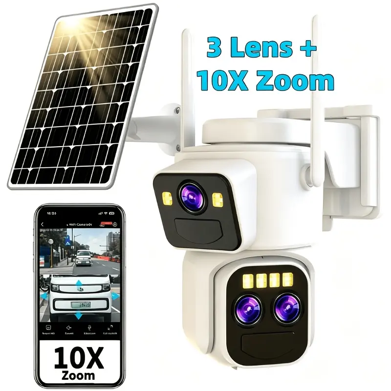 3-Lens Wireless Outdoor Solar Security Camera with Wall Mount, 355° Rotation 360 PTZ, 10x Hybrid Zoom, Wi-Fi, AI Tracking, App Control, Motion Sensor, PIR Instant Alarm Push, Full Color Night Vision, 2-Way Audio, IP65, Cloud Storage