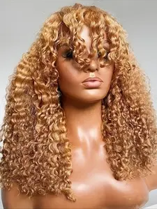Fashion Ultra Soft 26 Inch Lace Front Wig Natural Gold with Bangs Curled Pre-Braided Daily Use, 1 Piece