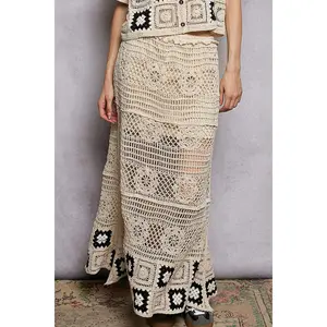 POL Floral Crochet Ruffled Waist Womens Maxi Skirt Granny Square Weave