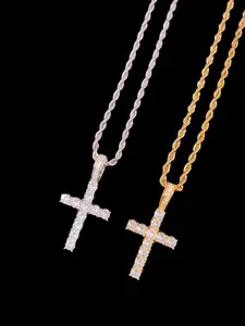 Fashion Zircon Zirconia Cross Pendant with 3mm Stainless Steel Twisted Chain, Unisex Retro Hip-Hop Necklace for Daily Wear & Parties, Valentine's Gift
