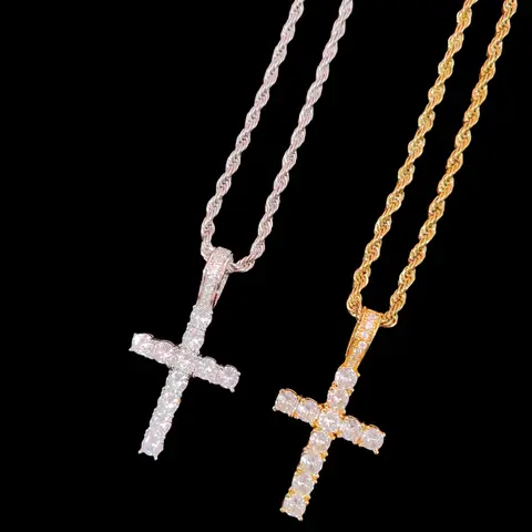 Fashion Zircon Zirconia Cross Pendant Jewelry with 3mm Stainless Steel Twisted Chain, Unisex Retro Hip-Hop Accessory Necklace for Daily Wear & Parties, Valentine's Gift