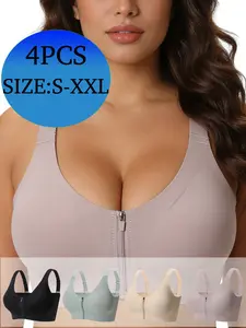 4pcs,Women's Small Size Front Zipper Push-Up Wireless Sports Bras, Seamless No Underwire, Perfect for Sports Yoga, Medium Support, Lined, All Seasons