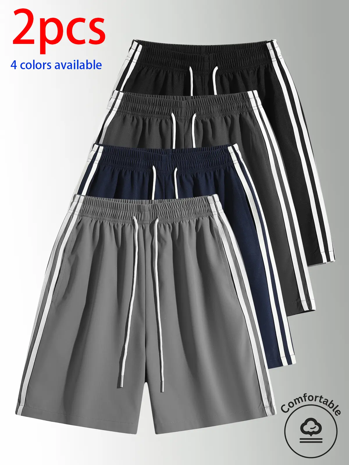 Two-pack men’s shorts, men’s bermuda shorts, men’s casual athletic bermuda shorts.Elastic waistband with drawstring that won’t dig into your waist; side double white stripe design enhances leg shape; loose fit that looks slimming and versatile, suitable f