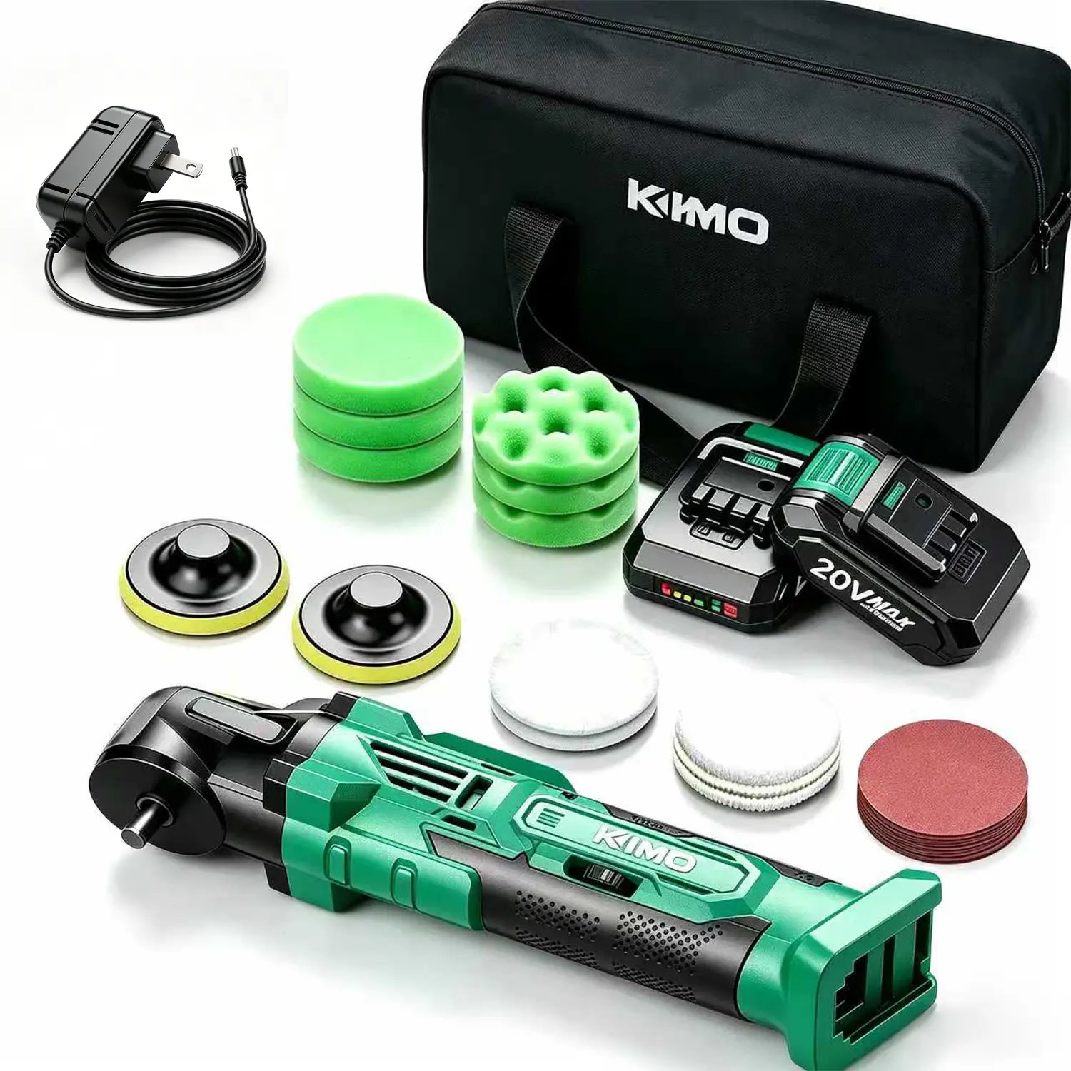 KIMO 20V Cordless Buffer Polisher Kit - 24Pcs w/Microfiber & Wave Foam Pads, Sandpapers | 6-Speed (3634 RPM) Portable Power Tool | Includes 2x2000mAh Lithium Batteries for Car Detailing, Waxing, Scratch Removal