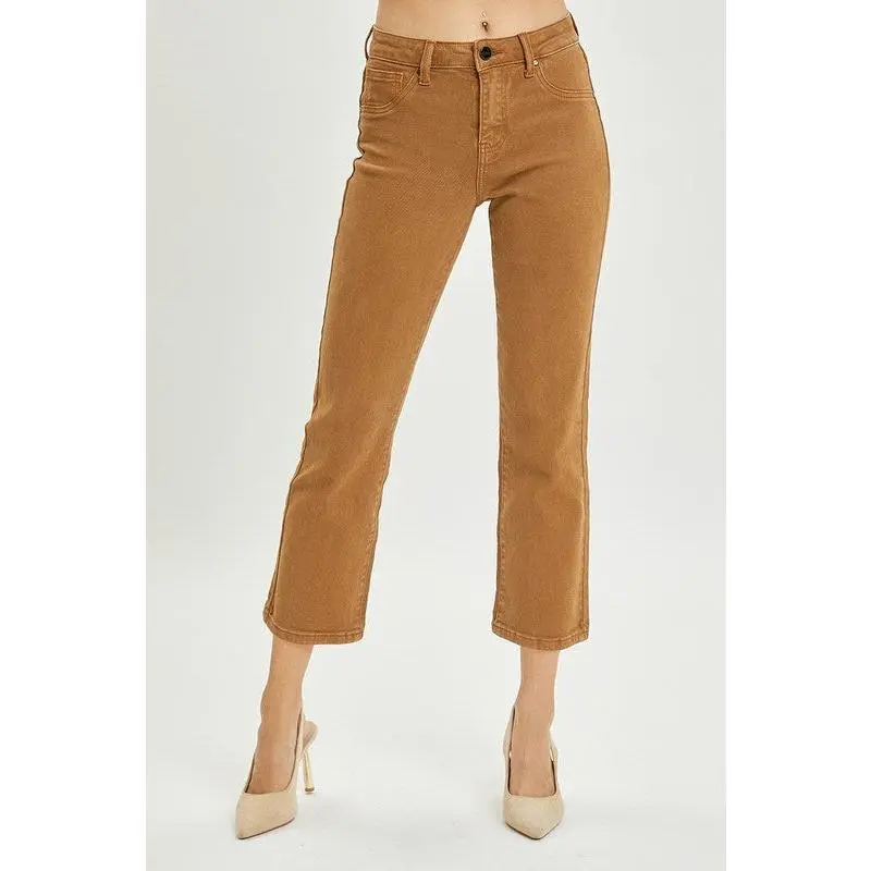 Risen Cappuccino Mid Rise Straight Crop Jeans