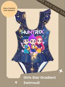 Starry Gradient Kids One-Piece Swimsuit, Anime Style Ruffle Girls Swimwear, Cute Fitted Design, All over Random Print, Swimsuits Swimwear