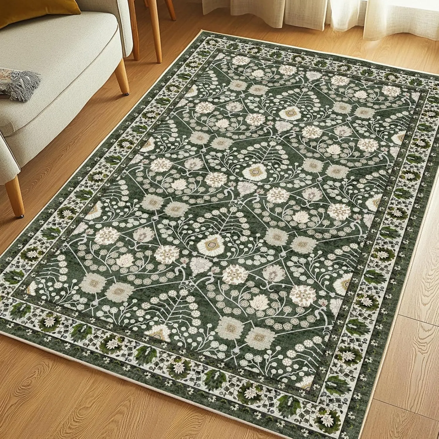 3x5 Rug Machine Washable Rugs:Boho Area Rugs Floral Rug for Living Room,TPR 3x5 Non Slip Dark Green Rugs for Under Table Carpet for Laundry Room  Room Dining Room