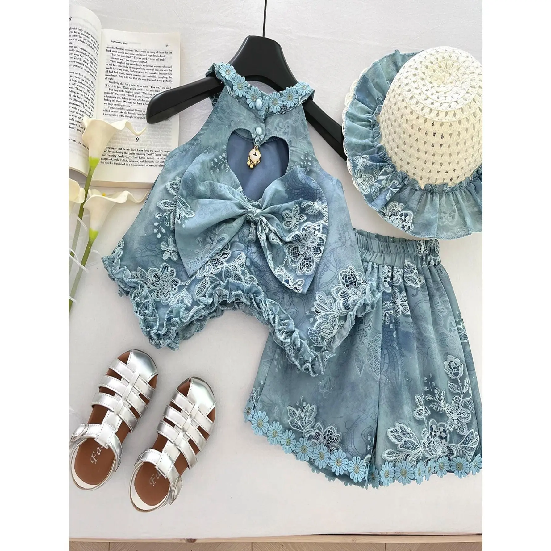 Vacation-Ready Girls Boho Floral Halter Top & Shorts Set with Hat 3-Piece Summer Outfit for Ages 3-7 Perfect for Beach Days & Playdates 100% Cotton Woven Fabric Sweet Style 5VM065WV29