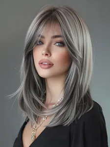 Wig, 16 Inch Shoulder Length Straight Hair, Women's Fashionable and Casual Heat Resistant with Bangs, Synthetic Material Wigs, Synthetic Machine Wigs