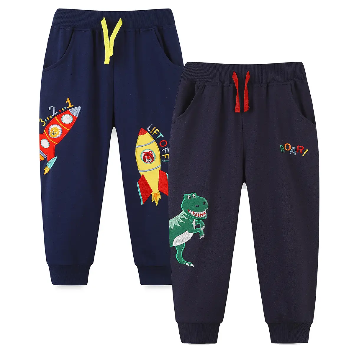 Kids Toddler Boys Clothes Sweatpant Pants Cotton Jogger Sweat Pant Outfits Clothing Navy Rocket and Dinosaur 2-7 Years