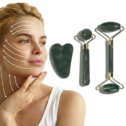 3PCS Natural Jade Dual-Headed Facial Roller & Gua Sha Set - Manual Massage Tools for Firming, Anti-Wrinkle, Depuffing, Lymphatic Drainage, Soothing, Gentle Massage, Winter Skincare Self-Care Gift for Adults (All Skin Types, Dual-Head Routine)