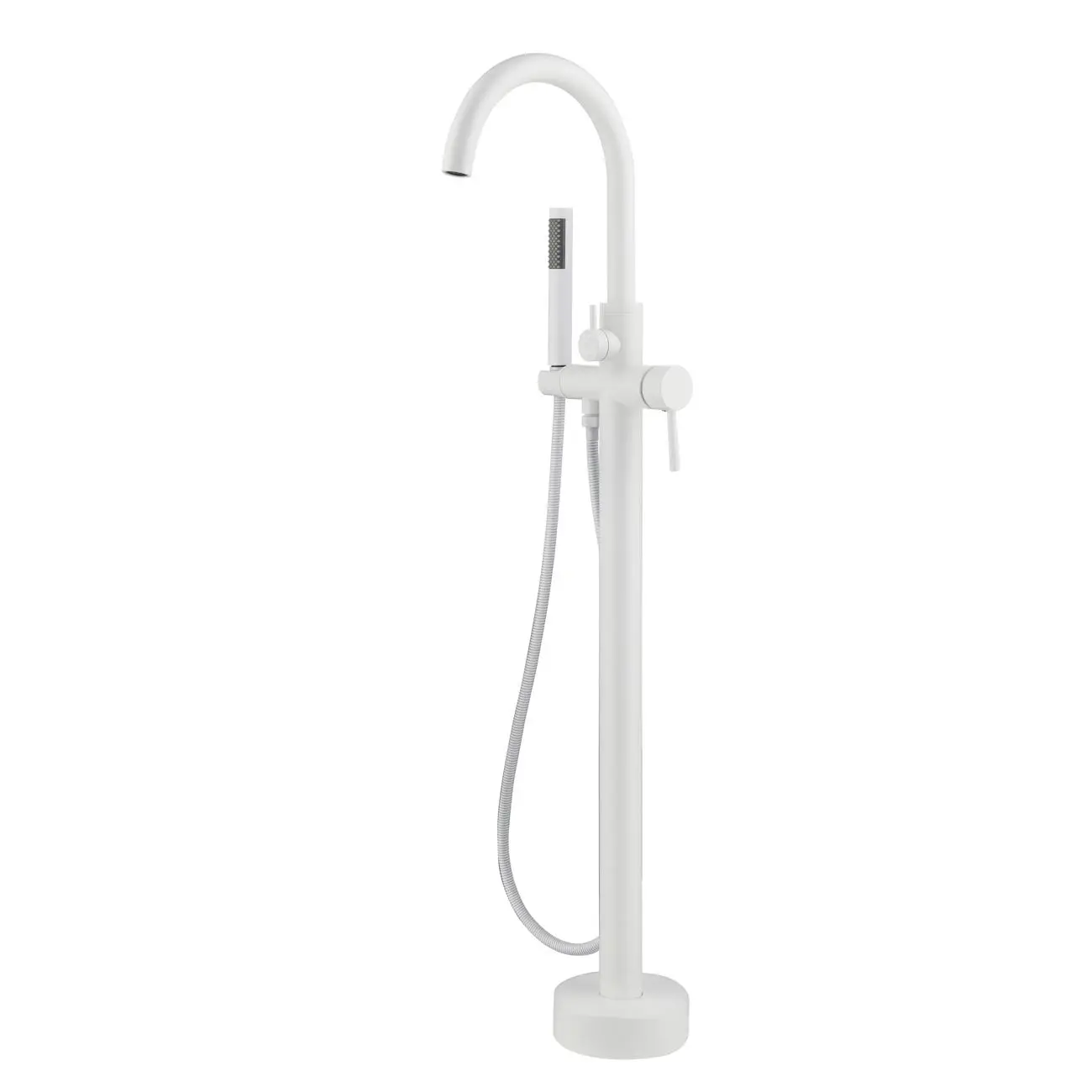 Contemporary White High Flow Freestanding Gooseneck Bathroom Faucet, Solid Brass High Arc Faucet with Single Lever and Handheld Shower