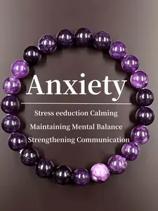 1PC Crystal Beaded Anxiety Relief Bracelet, Handmade Amethyst Anxiety Bracelet, With "Anxiety" Carved Stress Relief Charm, Is The Perfect Gift For Men and Women, Daily Clothing Accessories, Psychological Balance Jewelry