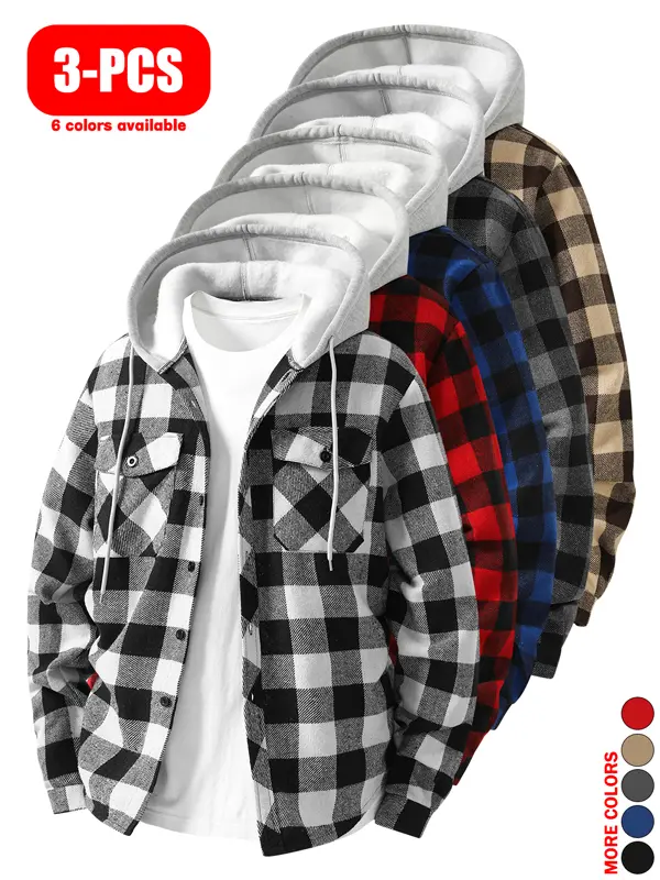 3-Pack American Streetwear Hooded Plaid Shirts for Men, Large Check Soft Skin-friendly Comfortable Long Sleeve Shirts, Double Pockets Loose Casual Jackets, Unisex for Spring & Autumn