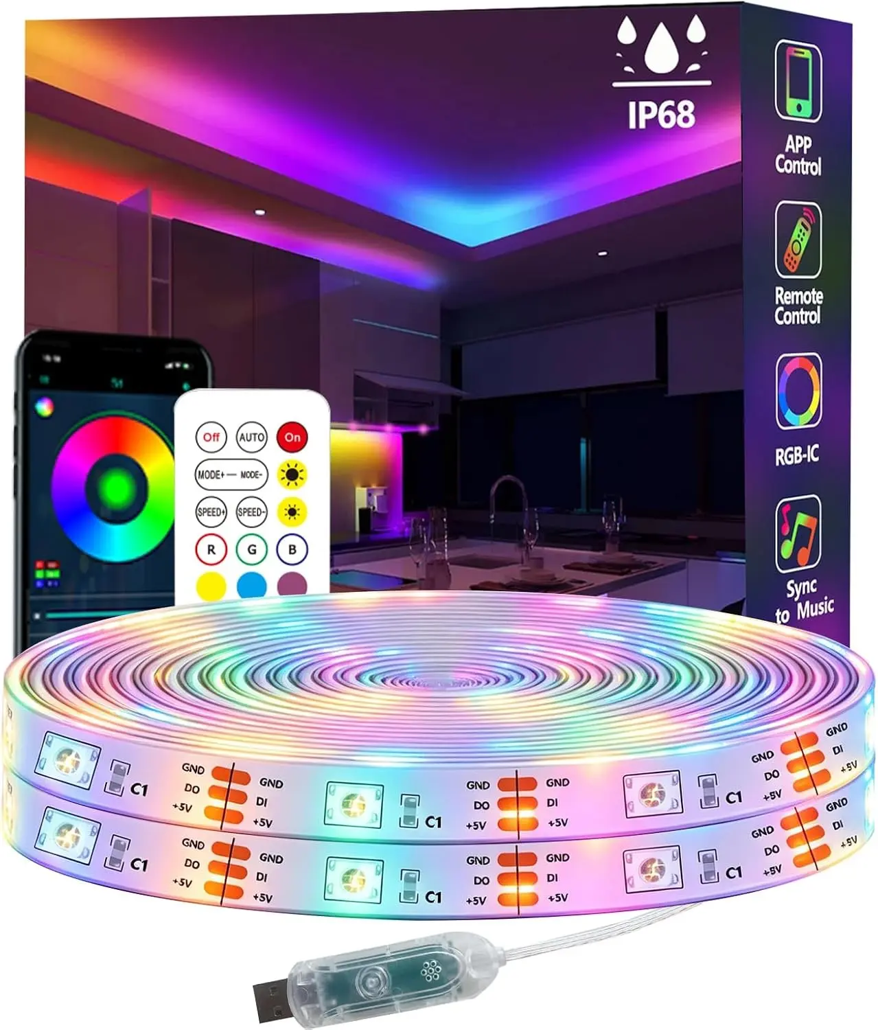 32.8FT Ws2812 RGB+IC LED Strip Lights IP68 Outdoor Waterproof, 5V USB Powered, Music Sync Bluetooth APP/RF Remote Control Lights for Balcony,Deck,Camping,Garden,Bedroom Decor