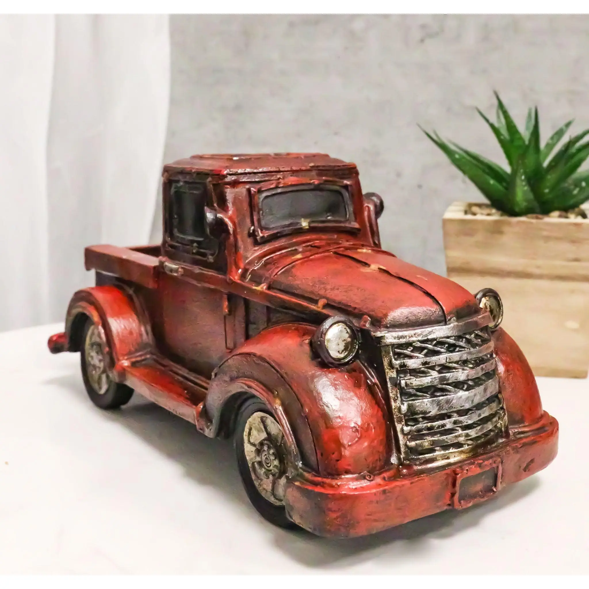 Rustic Classic Country Farmhouse Red Pickup Work Truck Figurine - 7.25" Wide, 3.5" Tall, Antique Home Decor Statue, Table & Glass Set Accent Piece for Farmer Fans, Figurines & Miniatures