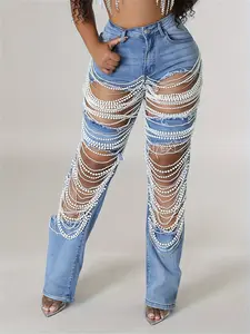 Women's sexy ripped jeans high waisted rhinestone pearl chain distressed loose jeans party club clothing denim pants
