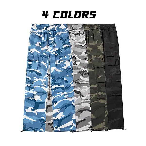 Men's Casual Camouflage Cargo Pants - Menswear Polyester Wide-Leg Pants with Elastic Waistband, Dual Side 3D Pockets, Straight Cut for Daily Commuting, Street Wear, Outdoor Hiking