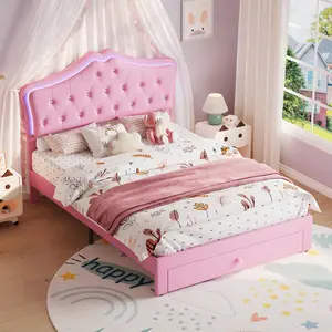 Upholstered Twin Bed Frame with LED Lights & Storage Drawers - Crystal Tufted Headboard - Noise-Free Wood Slats - Easy Assembly - Ideal for Kids & Teens