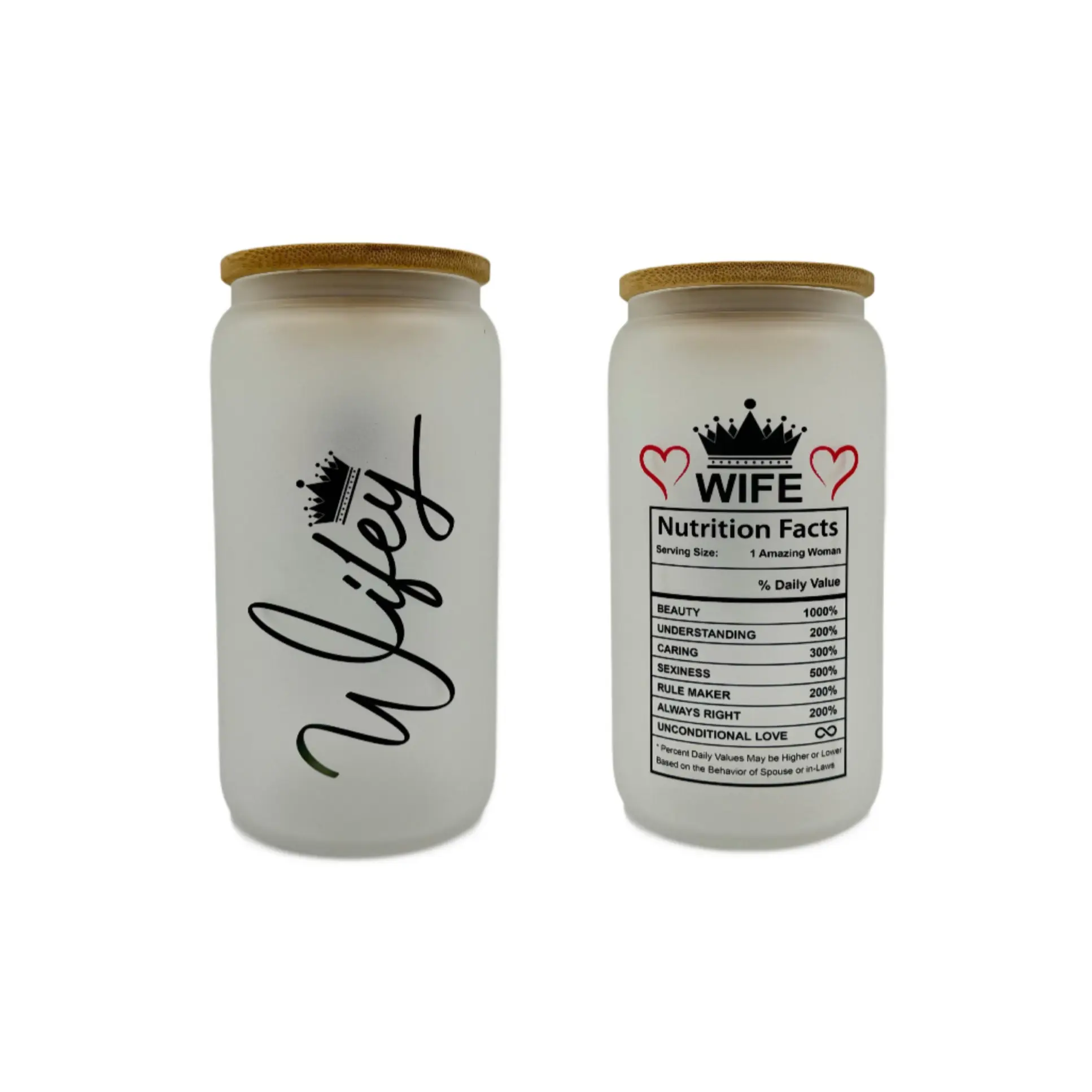 16oz Wifey, Wife, Mothers Day, Valentines Day custom Sublimation Printed Clear or Frost Glass Tumbler, Mug, Jar Cup Drinkware Romantic Personalised Bottles