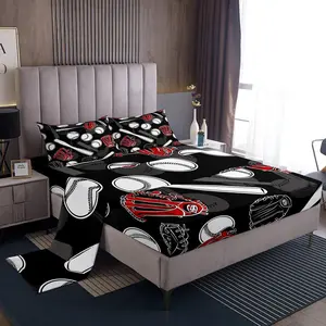 Baseball Bed Sheets Softball Sheet Set,Sports Bat for Kids Boys Teens Men Ball Game Fitted Sheet Red and Black Bedding Set,Bedroom Decor Flat Sheet