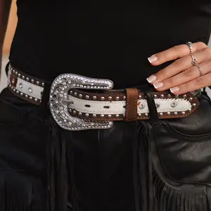 Ladies Brown Cowhide Studs Leather Belt N320004102