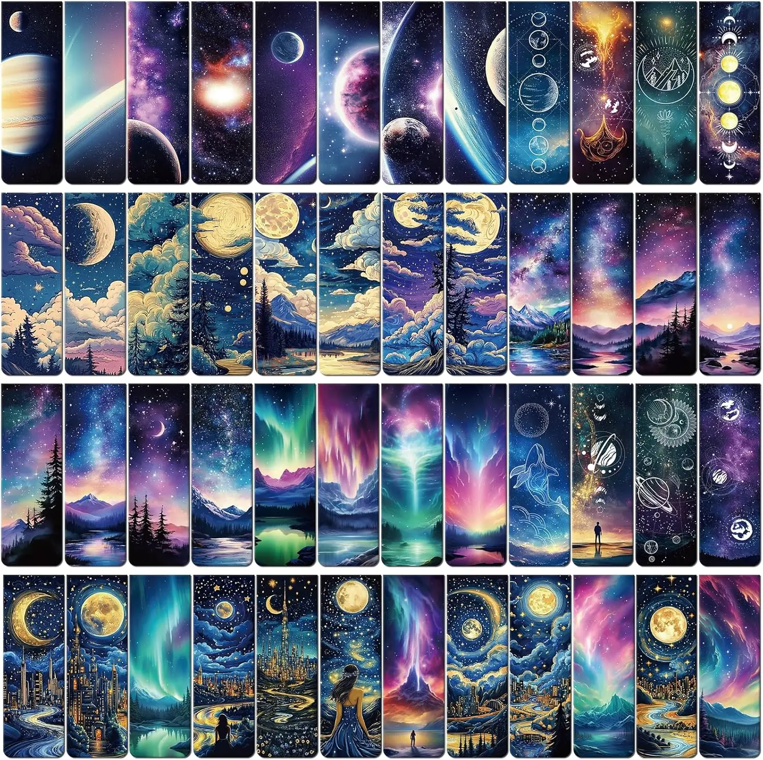 48-Count Starry Night Sky Space Moon Charm Bookmarks - Bulk Office Stationery Page Markers with Printed Images, Gifts for Bookish Readers, Sisters, Retirement & Holiday Celebrations