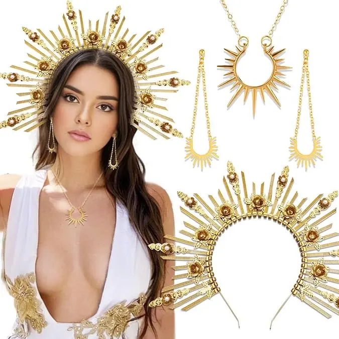 Rose Flower Sun Crown Headband - Crafted Spiked Crown Type Halloween Costume Accessory for Renaissance Goddess Costume Wear Gold Headpiece
